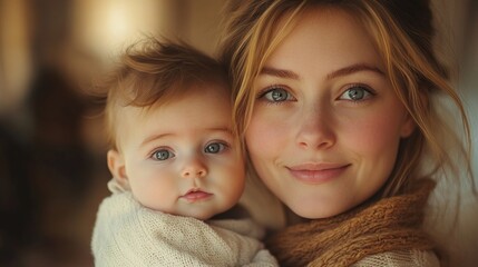 Cozy Morning Bonding Moment with Mother and Baby on Couch in Soft Lighting