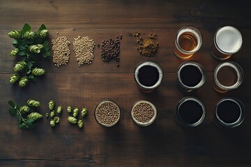 Craft Beer Ingredients and Various Pints on Wooden Tabletop for Tasting