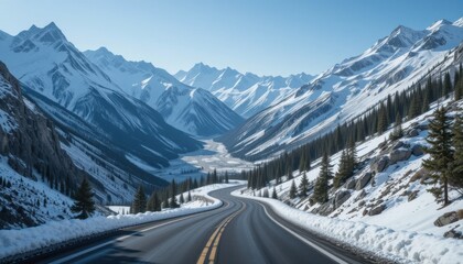 View of road cutting through a valley. Mountain peaks covered in snow are visible in the background
