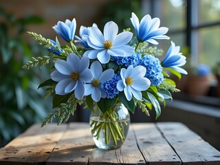 Bouquet of blue Magnolias in glass vase, rustic wooden table, natural lighting, soft glow, bright floral colors. Rustic floral arrangement with blue Magnolia