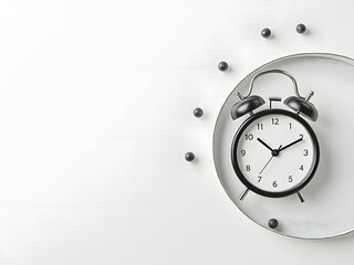 Classic black and white alarm clock, minimalist still life, modern concept of time, copy space, white background. Creative still life retro alarm clock