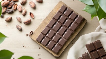 Delicious chocolate bar rests on wooden board surrounded by cocoa beans and green leaves in a natural setting