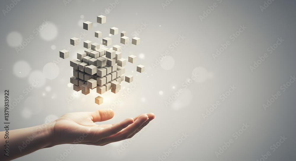 Poster hand presenting digital block cube structure with bokeh light abstract design in white background