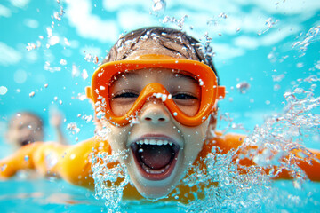 A joyful child wearing an orange snorkel mask swims underwater, surrounded by bubbles, showcasing happiness and excitement in a pool setting.