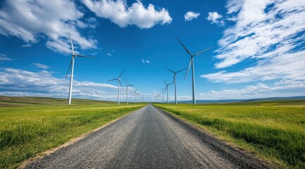 Wind turbines generate electricity along a long road under a blue sky