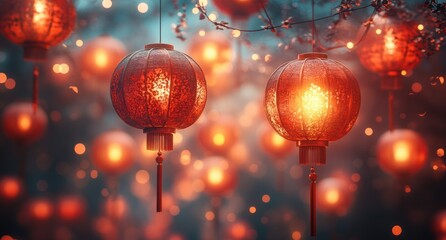 Vibrant Chinese Lanterns Glowing in Festive Atmosphere during Lunar New Year Celebration in Chinatown