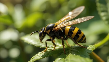 Obraz premium An insect rests on a leaf. The insect has a striped abdomen and two wings.