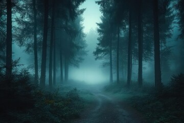 Mysterious Foggy Forest Shrouded in Mist Eerie Night Landscape