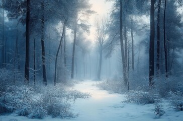 Fototapeta premium serene winter forest with snow-covered trees and foggy background in romantic realism