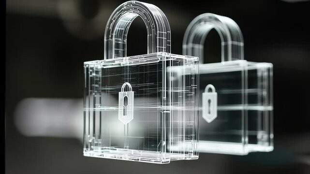 A closeup of a translucent lock formed from digital patterns featuring a layer of holographic ethical guidelines projected above symbolically safeguarding the flow of data processed