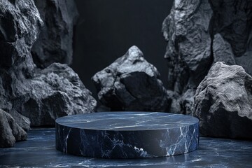 Dark, dramatic rock podium.  A circular, polished dark blue marble platform sits amidst dark gray, textured rocks.  Surrounding rocks create a dramatic, cave-like setting