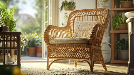 Obraz premium Cozy Wicker Chair in a Sunlit Room with Indoor Plants and Natural Light