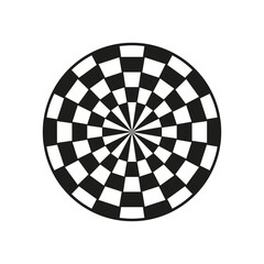 Circular checkerboard design. Black white radial pattern. Optical illusion texture. Bold geometric layout.