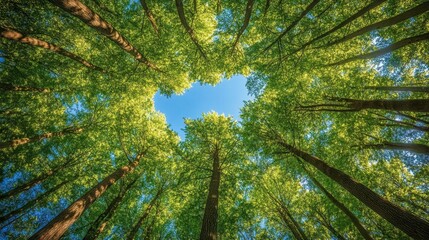 Fototapeta premium View of Lush Green Trees Against Clear Blue Sky from Forest Floor
