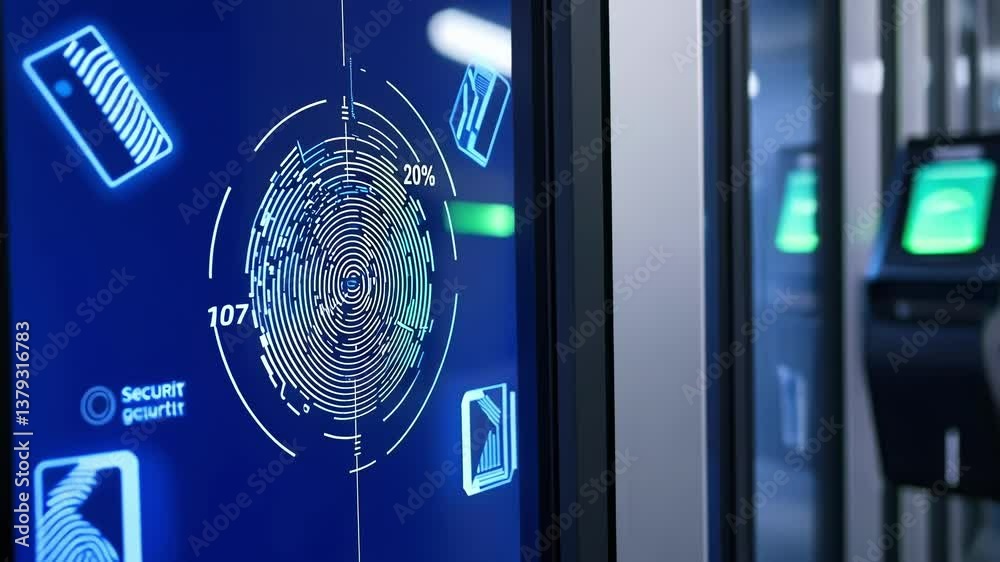 Poster futuristic access control system scanning fingerprint for authentication, ensuring high security in 