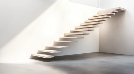 Naklejka premium Modern Floating Staircase in Minimalist Interior Design with Soft Lighting and Clean Lines for