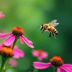 Colorful bee flying over vibrant flowers, insects, bees, nature