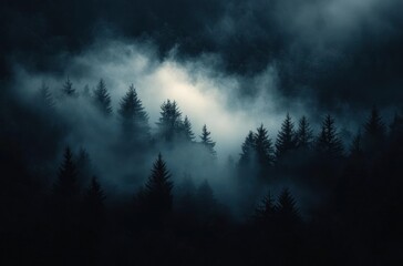Fototapeta premium mysterious foggy forest landscape at night with dark pine trees and misty mountains