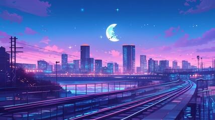Fototapeta premium 昭和ポップ風の都市鉄道夜景イラスト｜ブルーと紫のコントラストが印象的な高解像度アート素材｜夜の都市と線路の交錯がノスタルジーを呼ぶ風景画｜月とネオンの光彩