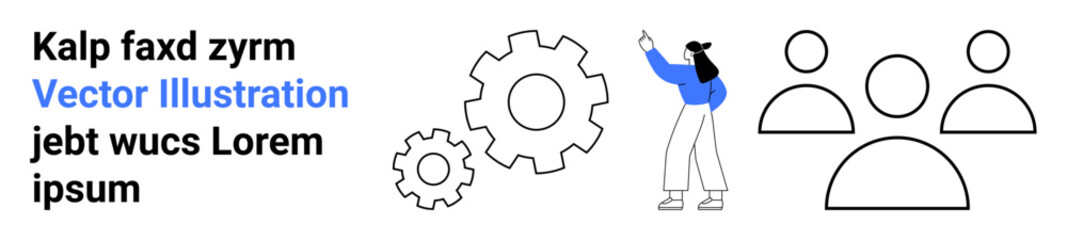 Woman gesturing near gear icons and group figures symbolizing teamwork, organization, and productivity. Ideal for business, networking, collaboration, strategy, leadership, efficiency simple landing