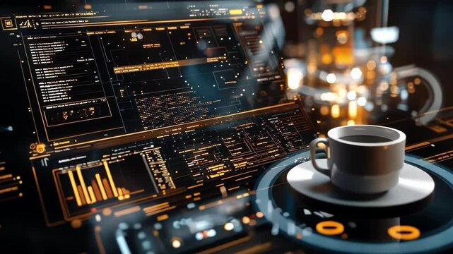 A focused image of a programmers screen displaying a collaborative coding platform with highlighted sections indicating code reviews and comments from team members alongside a cup of