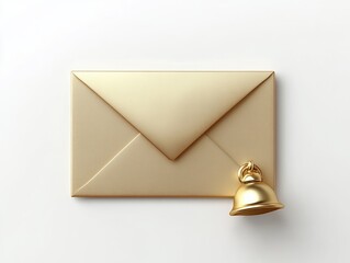 Golden envelope with notification bell 3D render new email message icon minimal design on white background