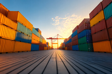 A vibrant shipping yard filled with colorful containers, set against a stunning sunset, evoking a sense of industry and transport.