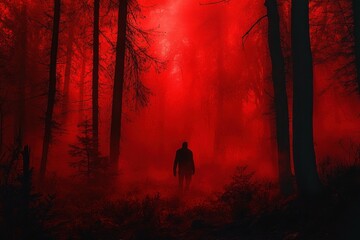 Haunting Forest Nightmare Scene with Man Silhouette in Eerie Atmosphere