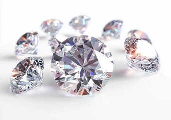 Brilliant Cut Diamonds Symmetric Composition on White Background 3D Illustration