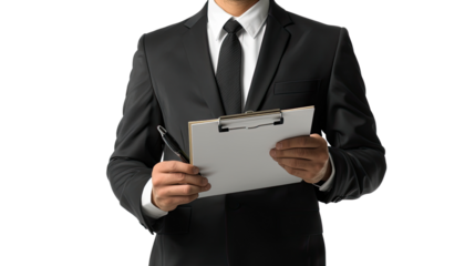 The Business Professional: A smartly dressed professional in a tailored suit and crisp white shirt, pen in hand, holding a clipboard, ready to strategize.