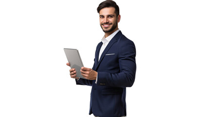Business Executive with Tablet: A sharp, smartly dressed business professional holds a digital tablet, portraying modern technology and business operations