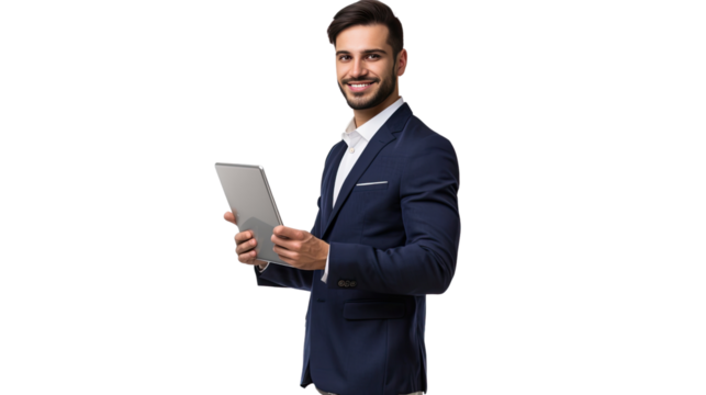 Business Executive with Tablet: A sharp, smartly dressed business professional holds a digital tablet, portraying modern technology and business operations