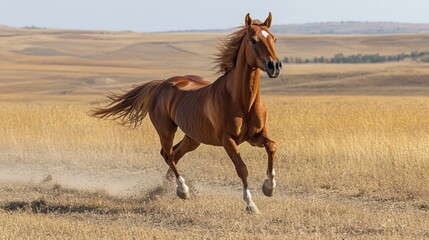 Obraz premium Chestnut horse galloping, dry field, summer, freedom
