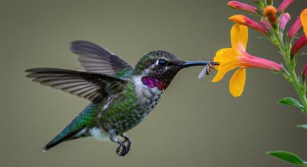 Fototapeta premium Hummingbird hovering and feeding on yellow flower 