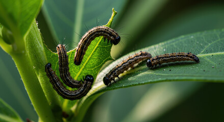 Obraz premium Caterpillars crawling on green leaves in a garden setting 