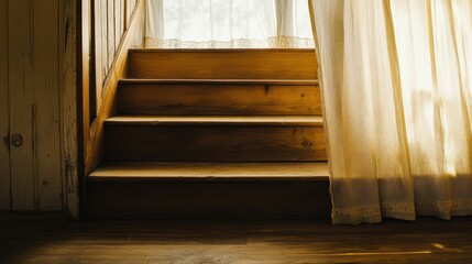 Sunlit Wooden Staircase with Lace Curtains A Cozy and Rustic Interior Scene for Home Decor Li