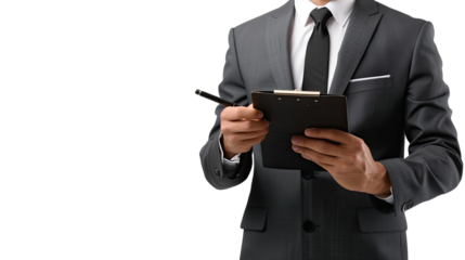 Business Review: A sharply dressed figure, clad in a formal suit and tie, meticulously reviews documents on a clipboard, exuding confidence, professionalism, and attention to detail.