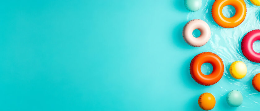 Colorful pool floats in various shapes and sizes float on a vibrant turquoise water surface, creating a cheerful summer vibe.