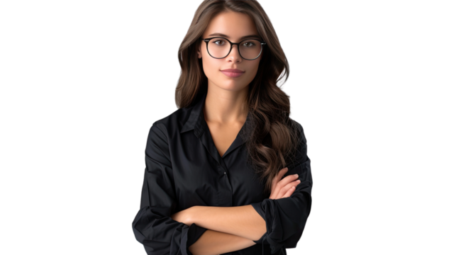 Confident Professional Woman in Eyeglasses: A stylish woman, wearing glasses, confidently poses with her arms crossed, dressed in professional attire, exuding intelligence and business acumen. 