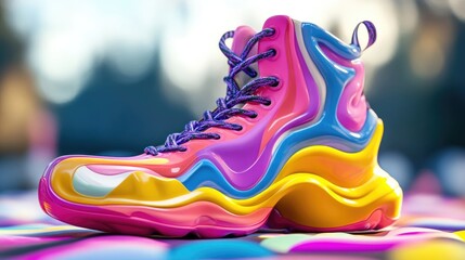 A whimsical depiction of a cartoon shoe design in bright colors