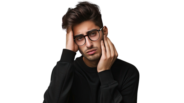 Anxious Man's Portrait: A close-up portrait of a man, wearing glasses, exhibiting a display of stress and despair