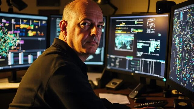 A focused expression on an analysts face illuminated by the soft glow of multiple monitors showing intricate graphs and data points that represent the relationships and interactions