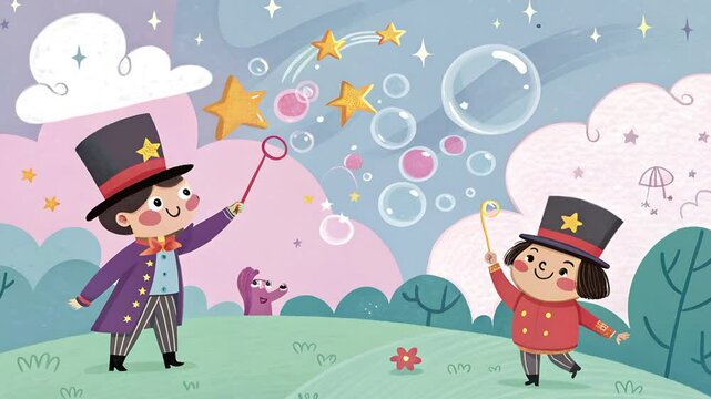 A dreamy, cartoon-style sky scene with stars, clouds, and playful fairy tale elements.