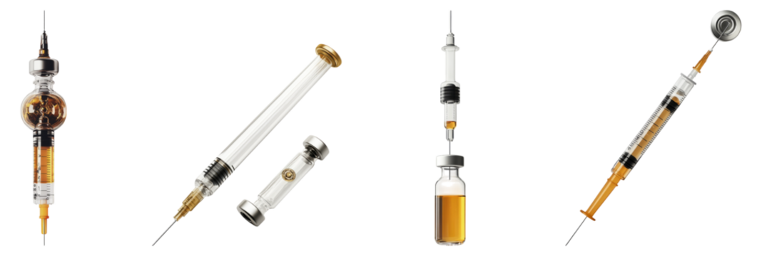 Vintage Medical Syringes and Vials in Various Designs and Sizes, Isolated on Transparent Background