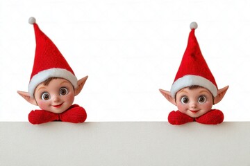 Mischievous Elf Dolls Peeking Playful Whimsical Christmas Spirit on a Bright White Background
