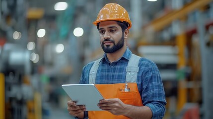 Factory worker using tablet, inspecting machinery