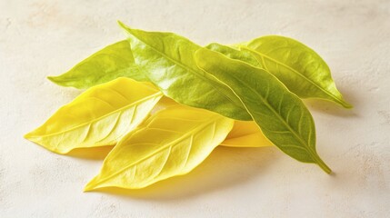 Fototapeta premium Fresh Green and Yellow Leaves on Light Beige Background