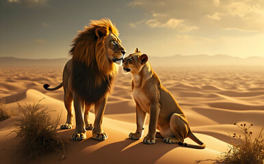 Lion and Lioness Nuzzling in Desert Landscape During Sunset