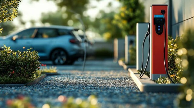 An electric car charging station. A gas station with parked cars. Asphalt road with a path of lights. A charging station for lifestyle electric vehicles.