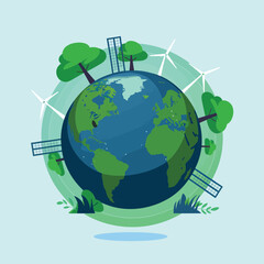 Naklejka premium illustration poster design green Earth with trees, windmills, and a focus on sustainability and Eco-friendly travel using GPS technology. 